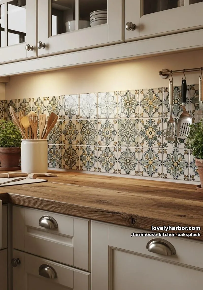 hand-painted ceramic tiles with floral motifs for a vintage farmhouse flair 1