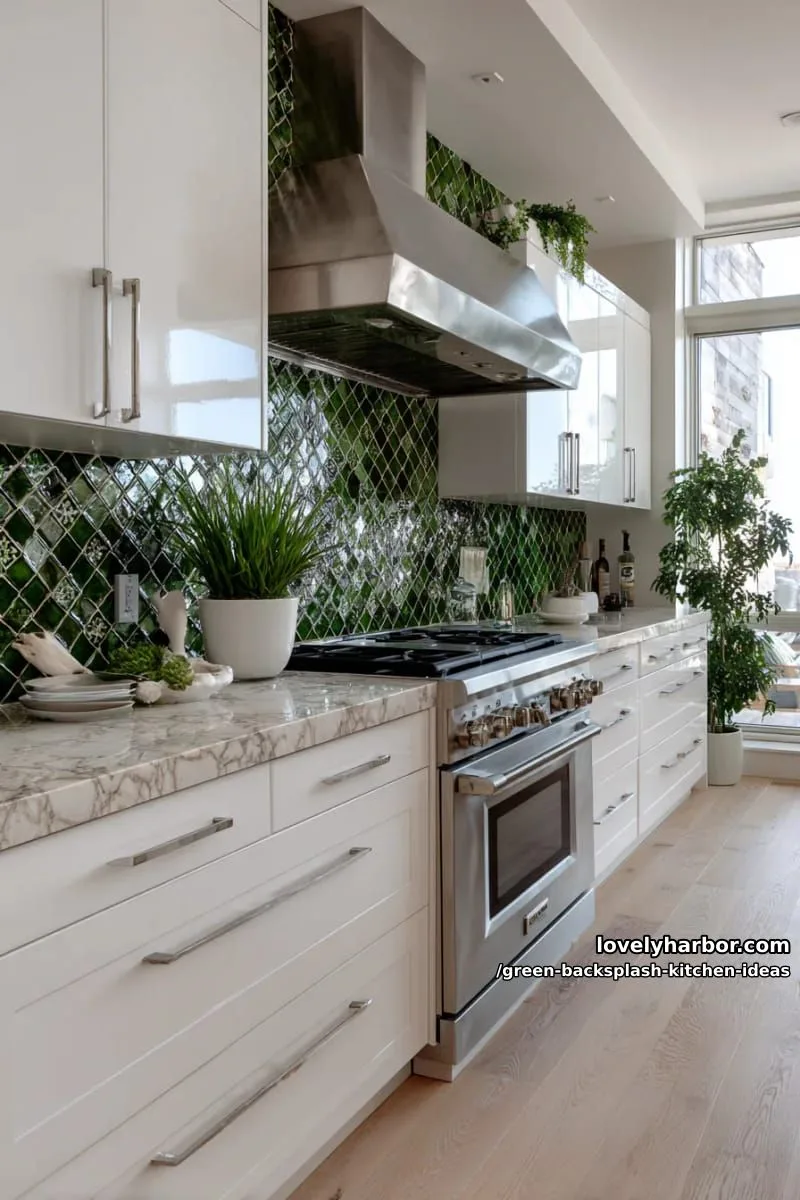 15 Green Backsplash Ideas for Modern Kitchens 25 hand-painted green geometric tiles for a playful, artistic vibe. 1