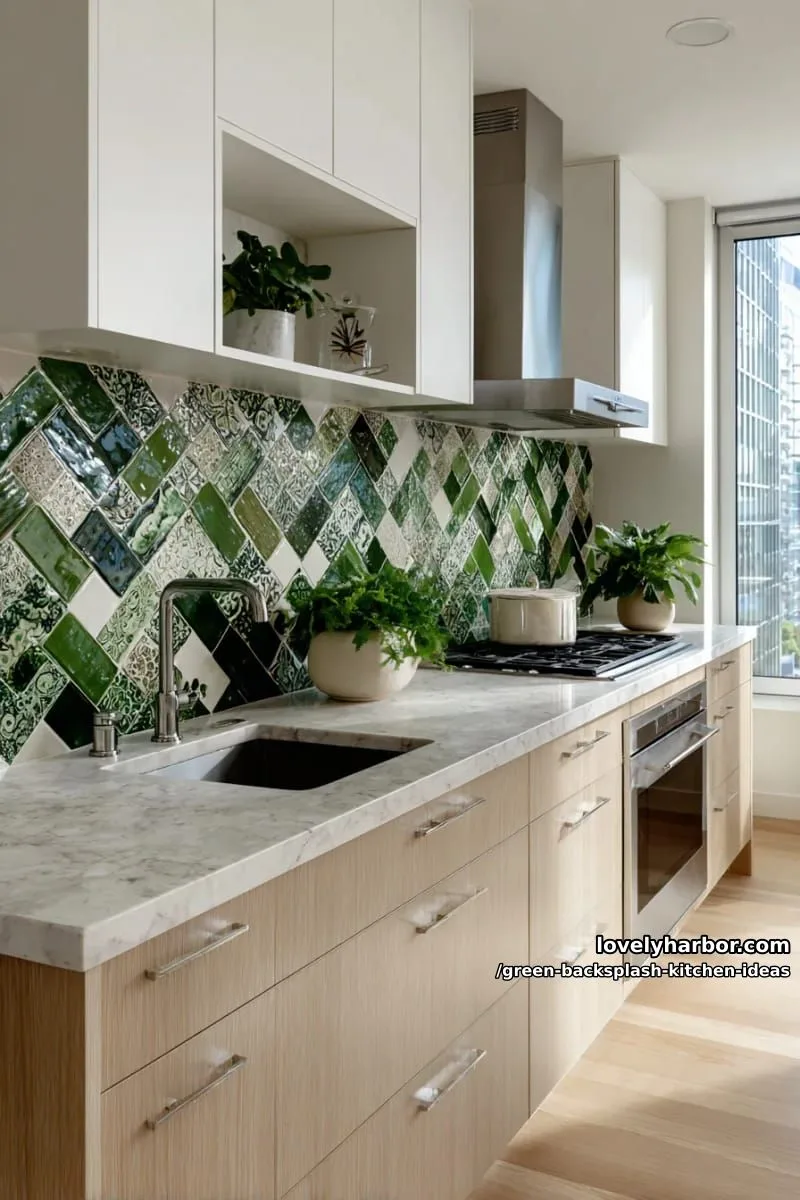 15 Green Backsplash Ideas for Modern Kitchens 26 hand-painted green geometric tiles for a playful, artistic vibe. 1