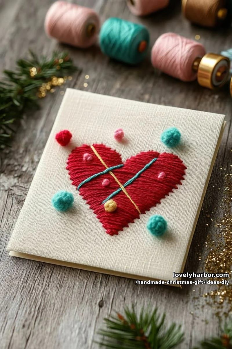 hand-stitched heart card with colorful embroidery floss and mini pom-pom accents 1