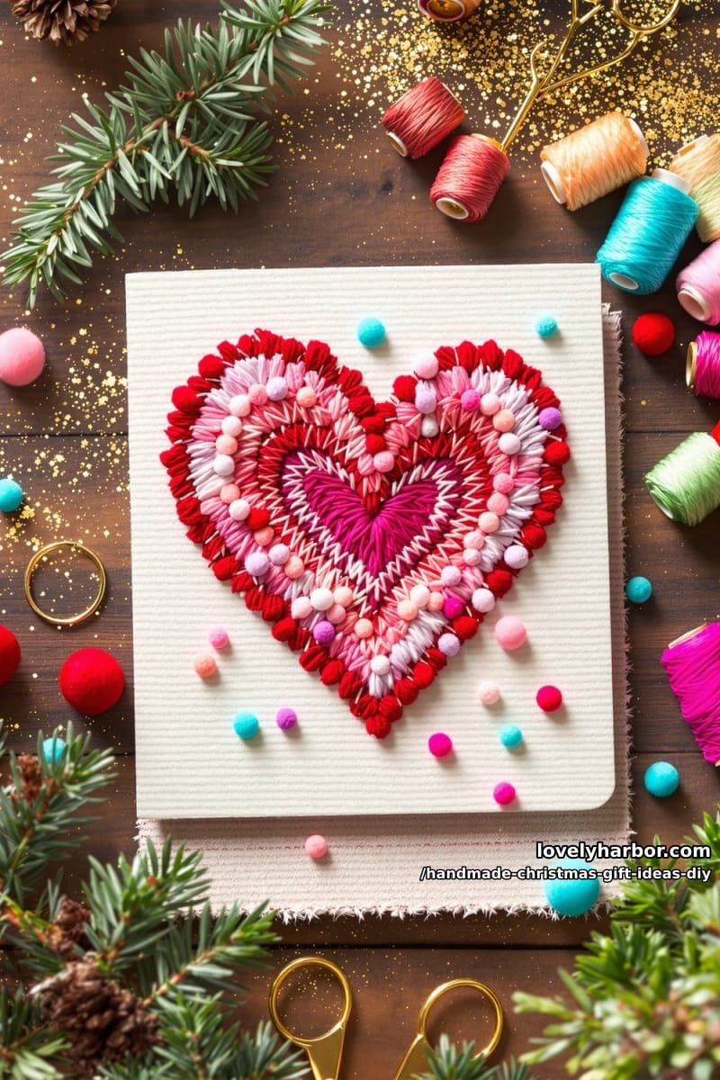 hand-stitched heart card with colorful embroidery floss and mini pom-pom accents 1