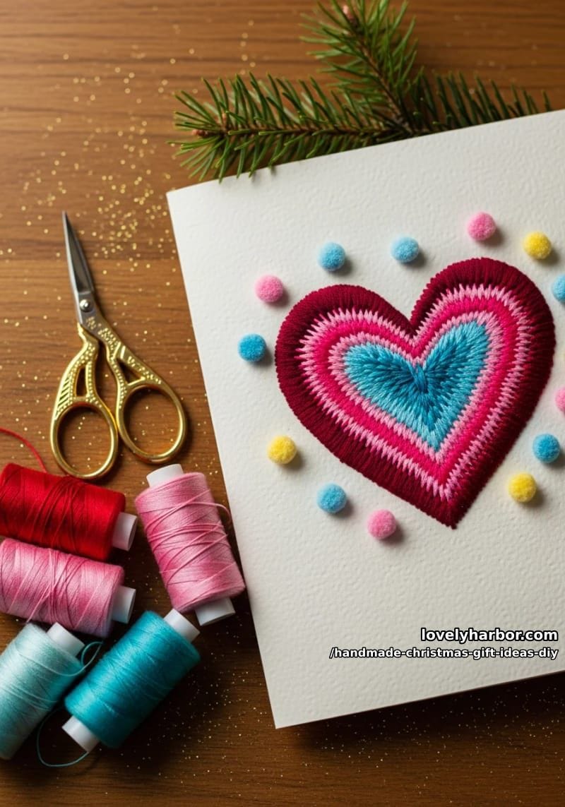 hand-stitched heart card with colorful embroidery floss and mini pom-pom accents 1