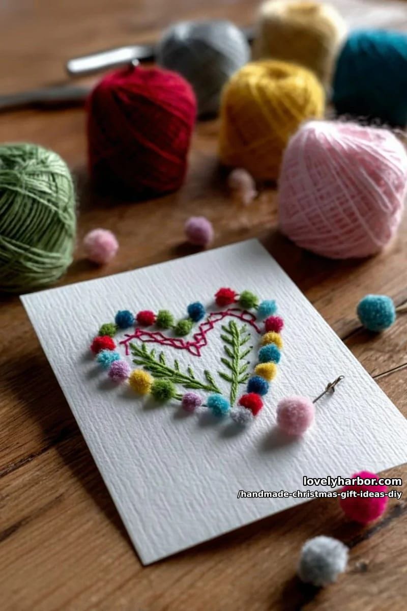 hand-stitched heart card with colorful embroidery floss and mini pom-pom accents 1