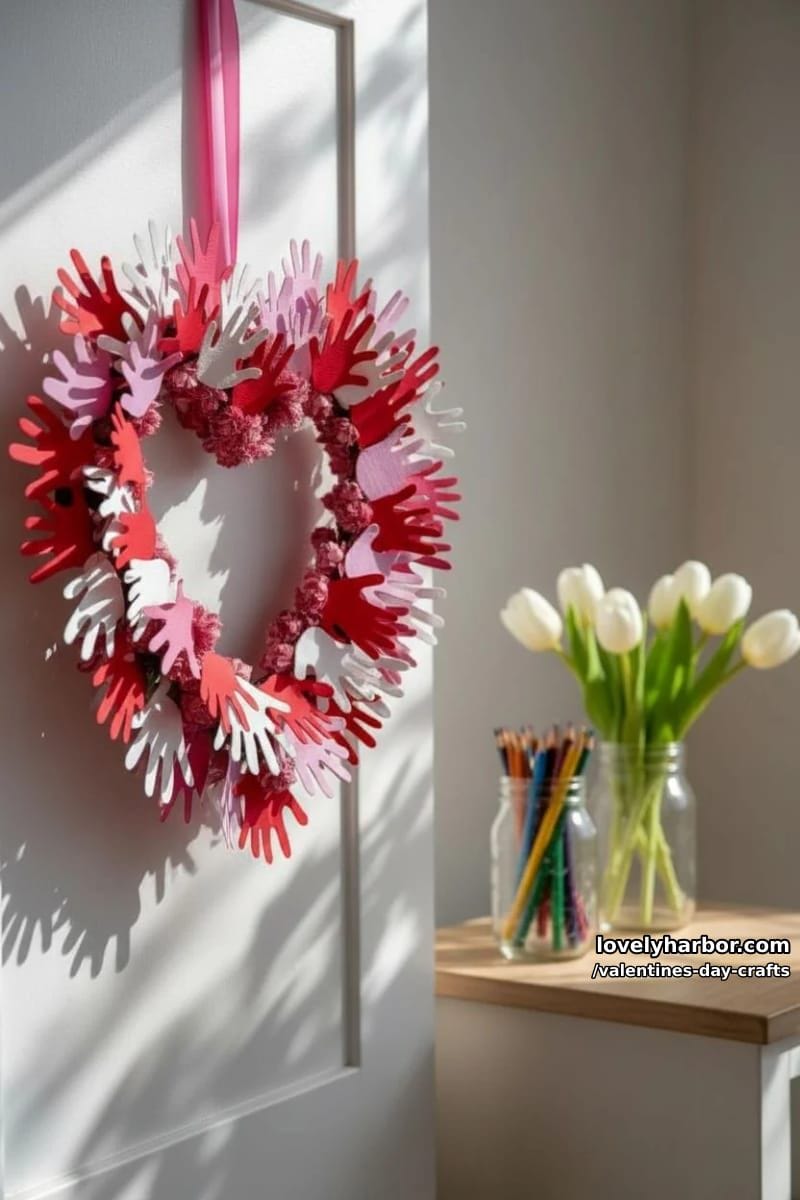 21 Unique Valentine’s Day Crafts to Warm Your Heart 42 handprint heart wreath using layered hand cutouts from family members 1