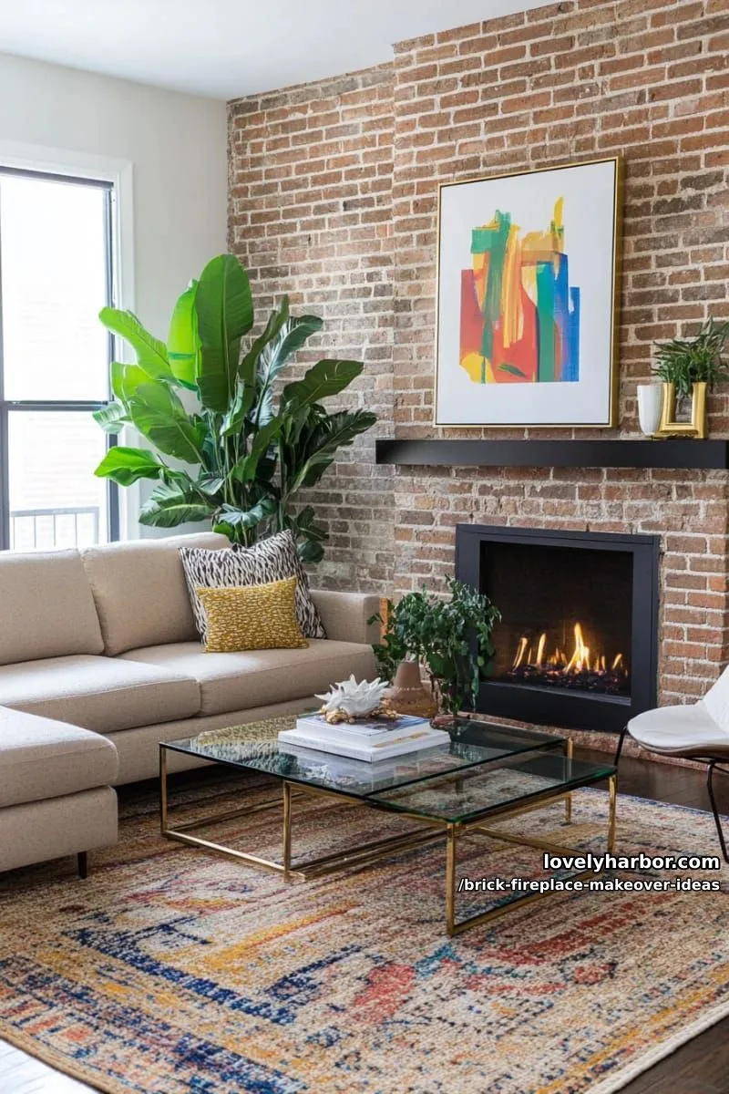 hang a large abstract artwork above exposed brick for contemporary flair. 1