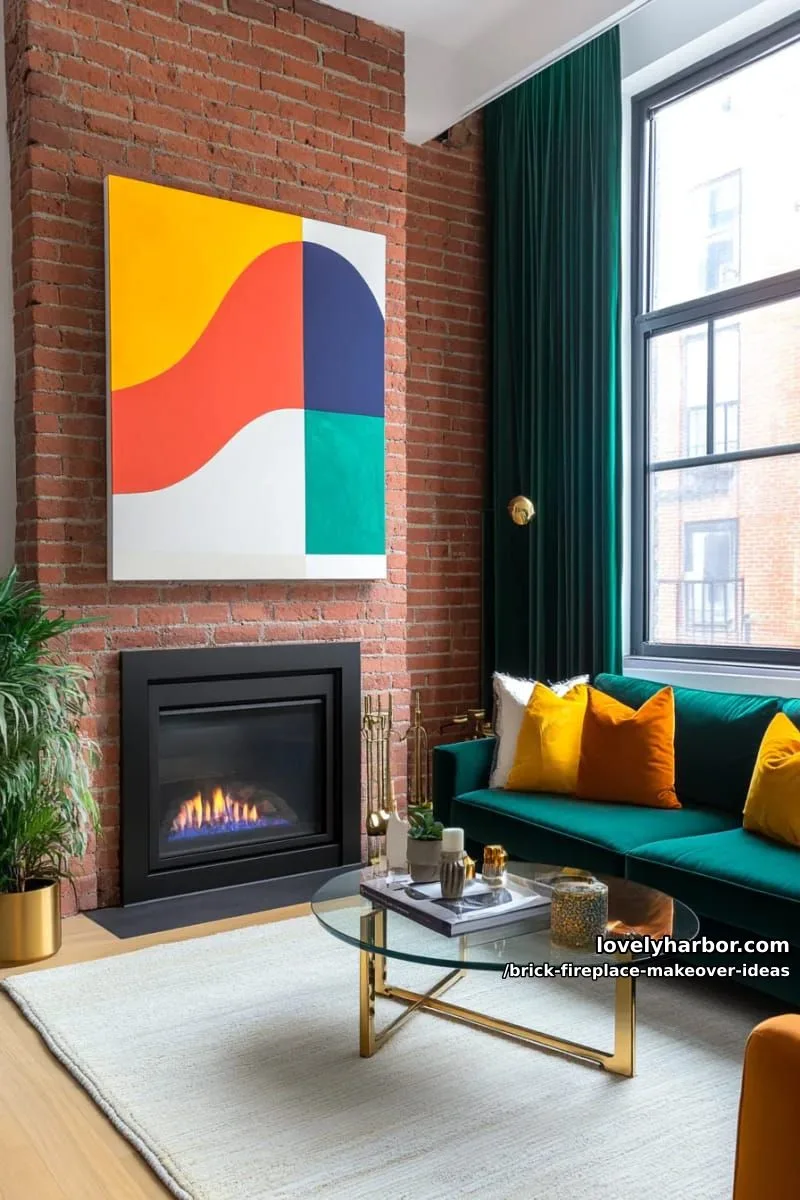 hang a large abstract artwork above exposed brick for contemporary flair. 1