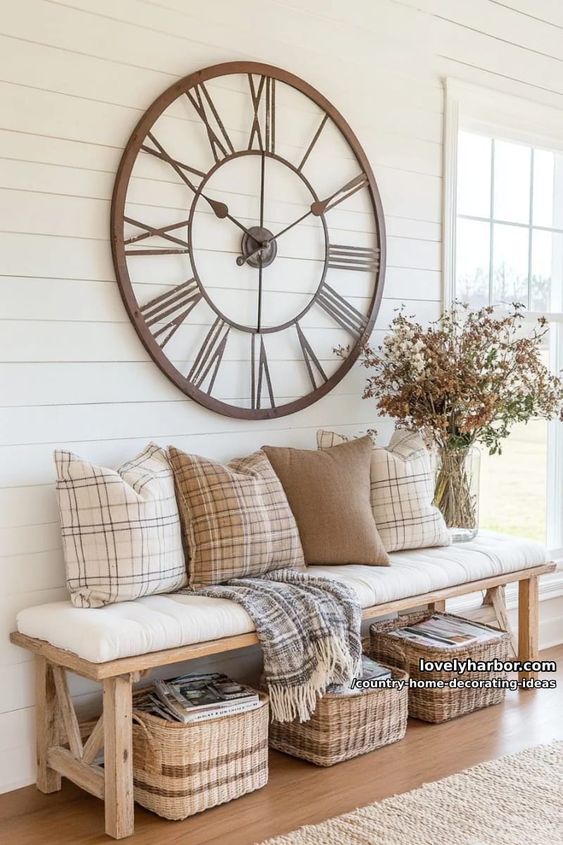hang a large round vintage clock on shiplap walls above a cozy sitting bench. 1