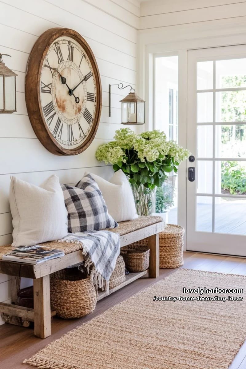 hang a large round vintage clock on shiplap walls above a cozy sitting bench. 1