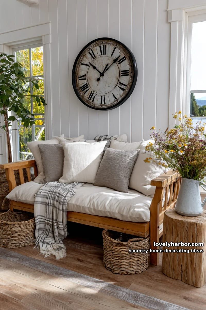 hang a large round vintage clock on shiplap walls above a cozy sitting bench. 1