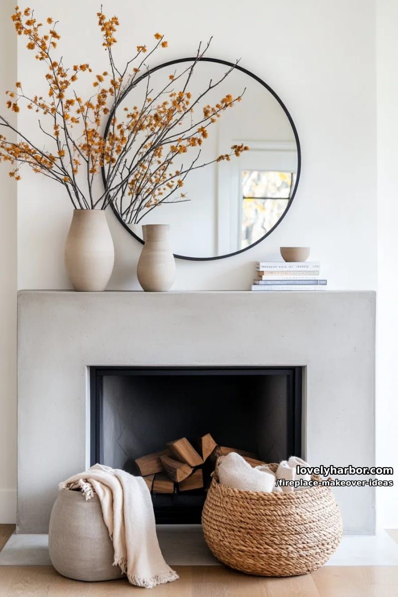 15 ideias inovadoras para reforma de lareira para uma sala de estar elegante 15 pendure um espelho redondo enorme acima de um manto de concreto minimalista. 1