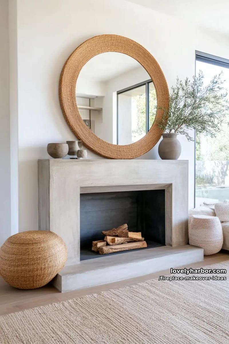 15 ideias inovadoras para reforma de lareira para uma sala de estar elegante 16 pendure um espelho redondo enorme acima de um manto de concreto minimalista. 1