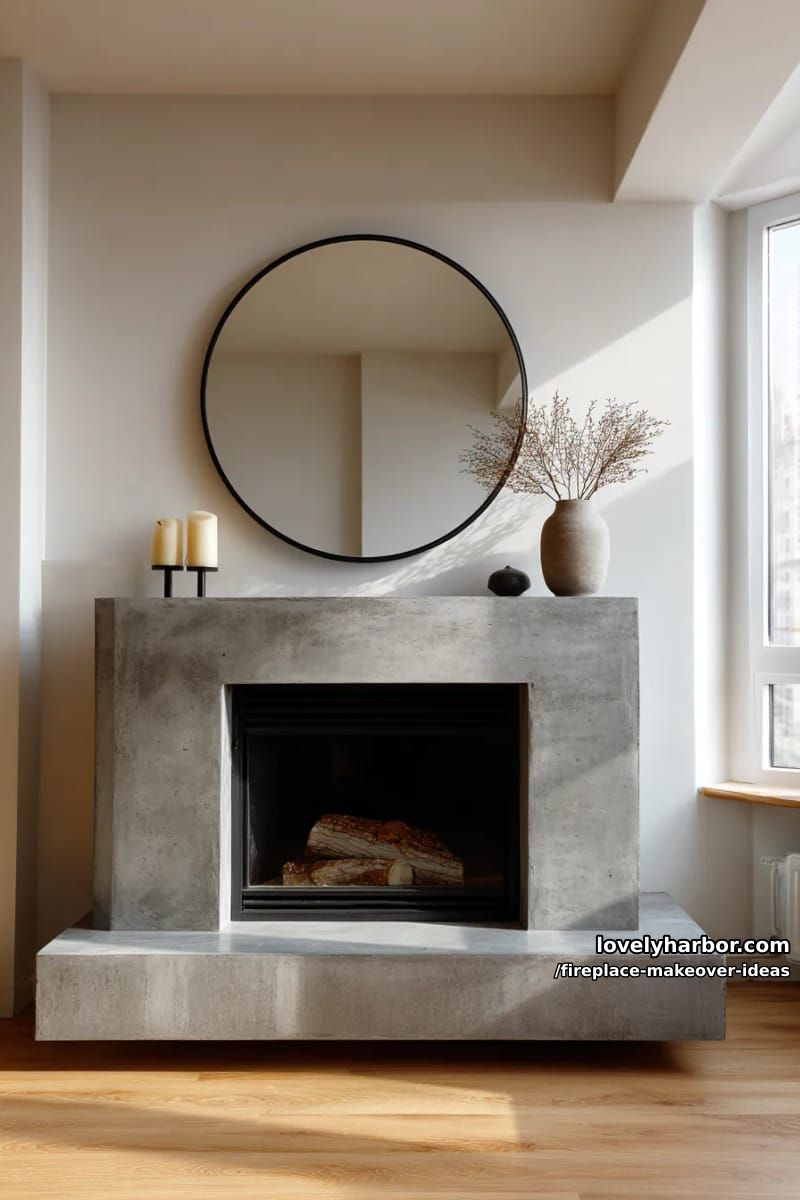 15 ideias inovadoras para reforma de lareira para uma sala de estar elegante 17 pendure um espelho redondo enorme acima de um manto de concreto minimalista. 1