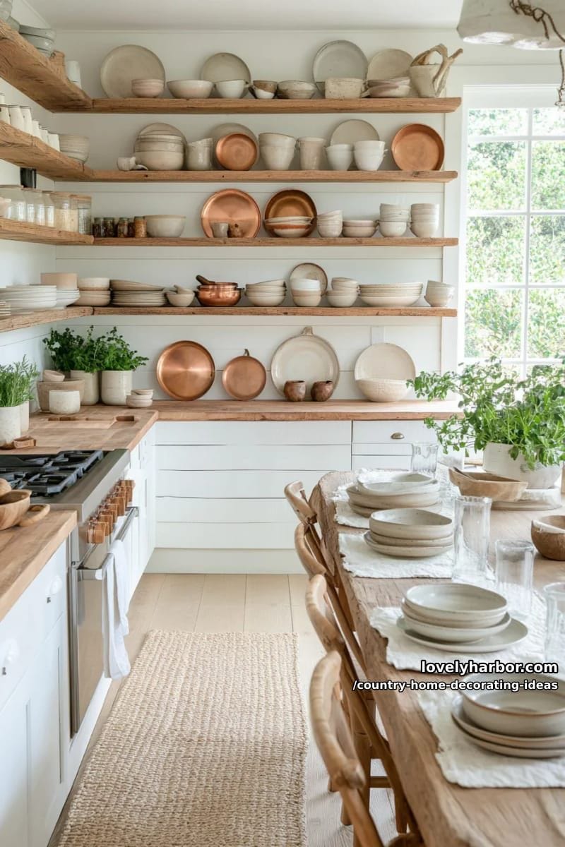 hang rustic open kitchen shelves filled with hand-thrown pottery and copper pans. 1