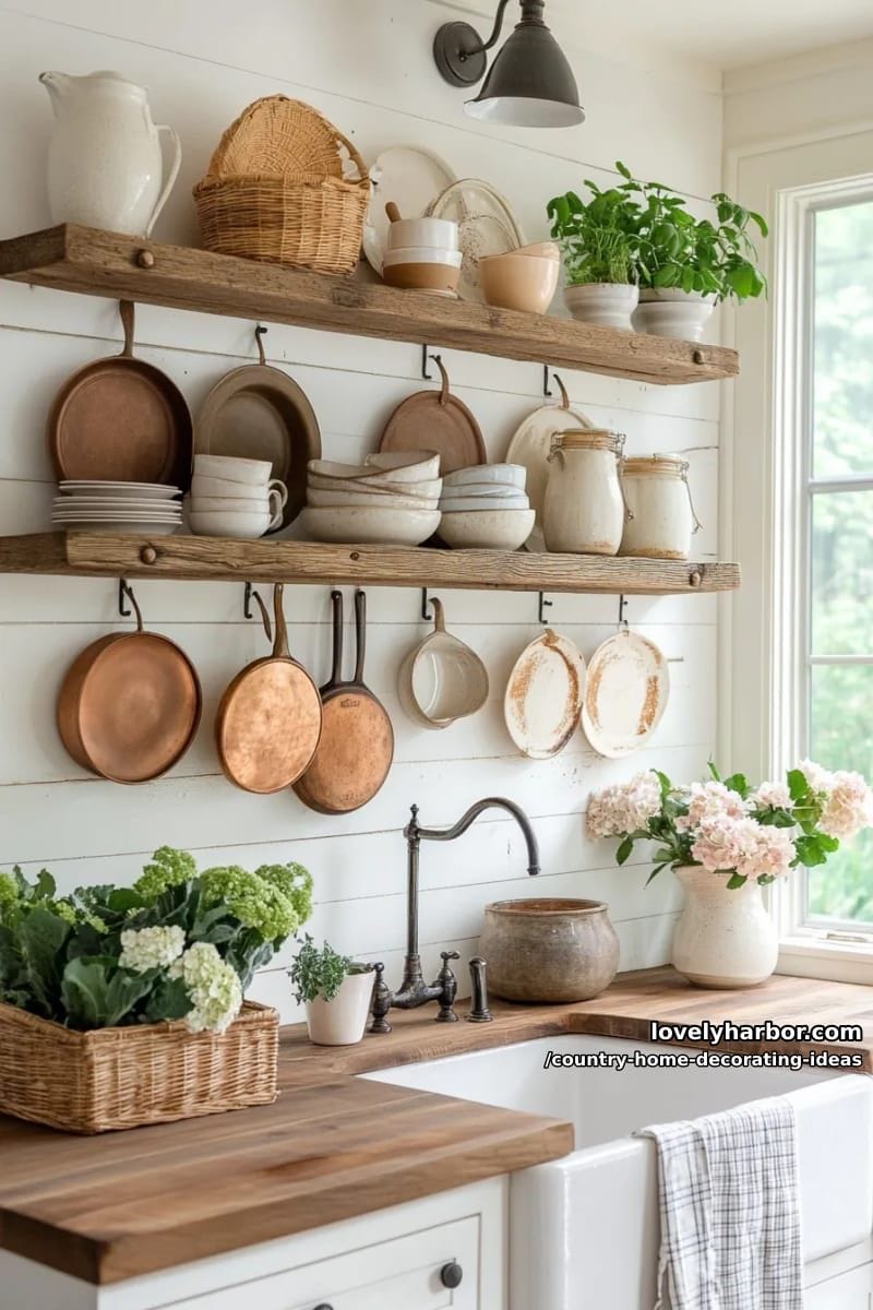 hang rustic open kitchen shelves filled with hand-thrown pottery and copper pans. 1