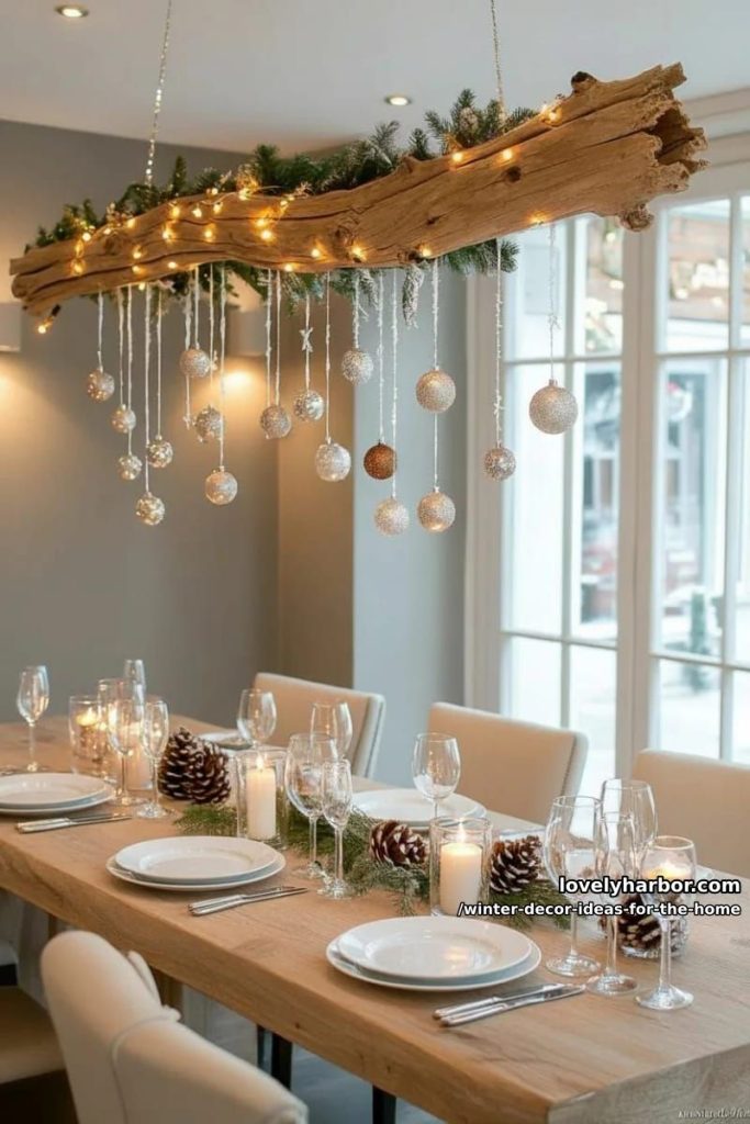 hanging branch chandelier with icicle ornaments and soft white lights 30