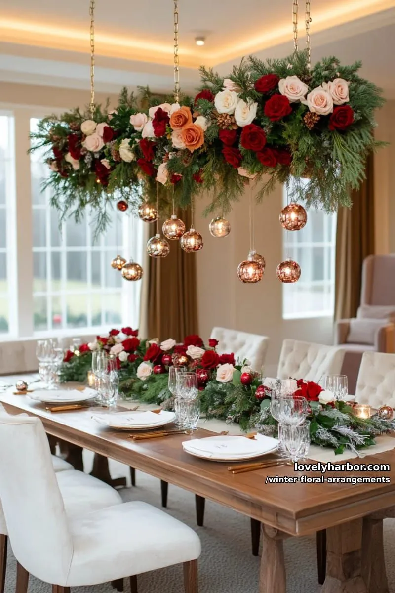 hanging garland of roses, baubles, and pine over dining table 1