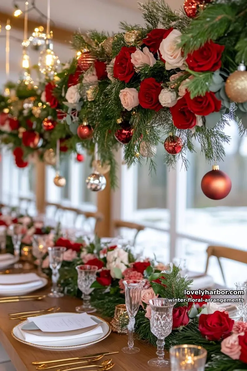 hanging garland of roses, baubles, and pine over dining table 1