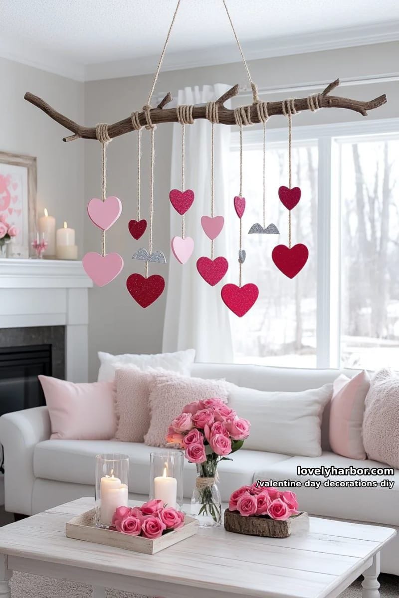 hanging heart arrow mobile using yarn and glitter foam 1