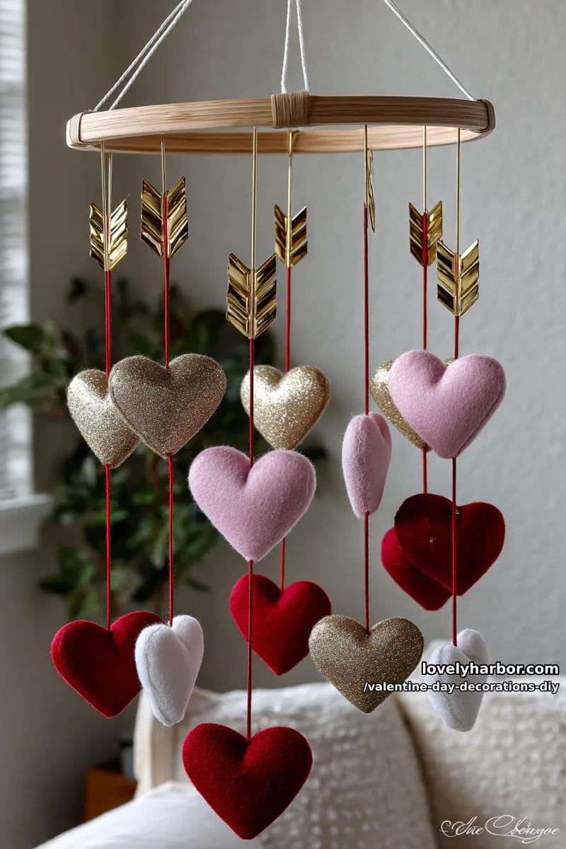 hanging heart arrow mobile using yarn and glitter foam 1