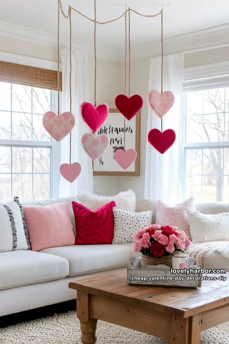 hanging heart mobiles created from twine and painted cardboard 1