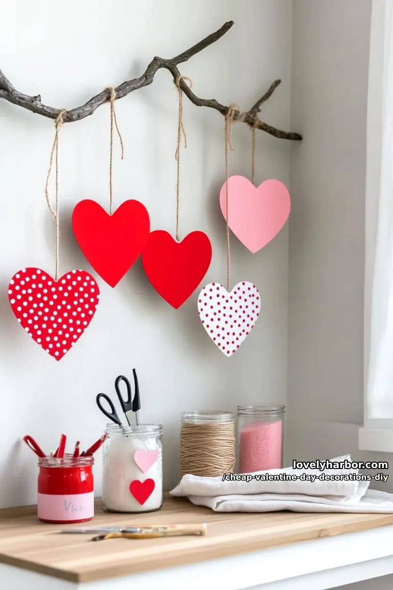 hanging heart mobiles created from twine and painted cardboard 1