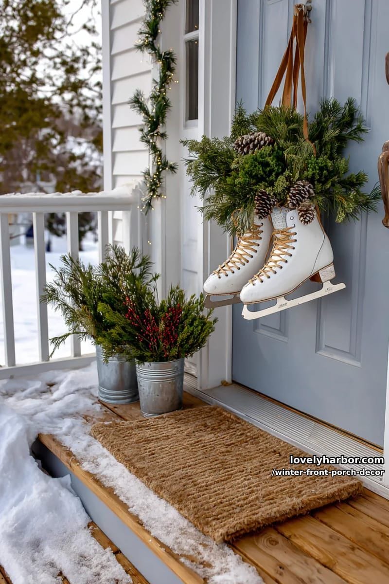 hanging ice skates with pine branches on front door for a vintage touch 1