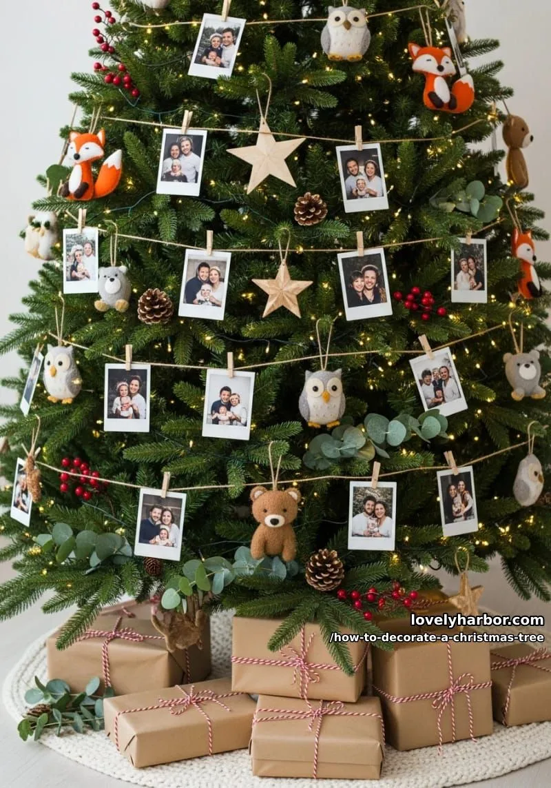hanging mini polaroid family photos and handcrafted felt animals for a personal touch 1