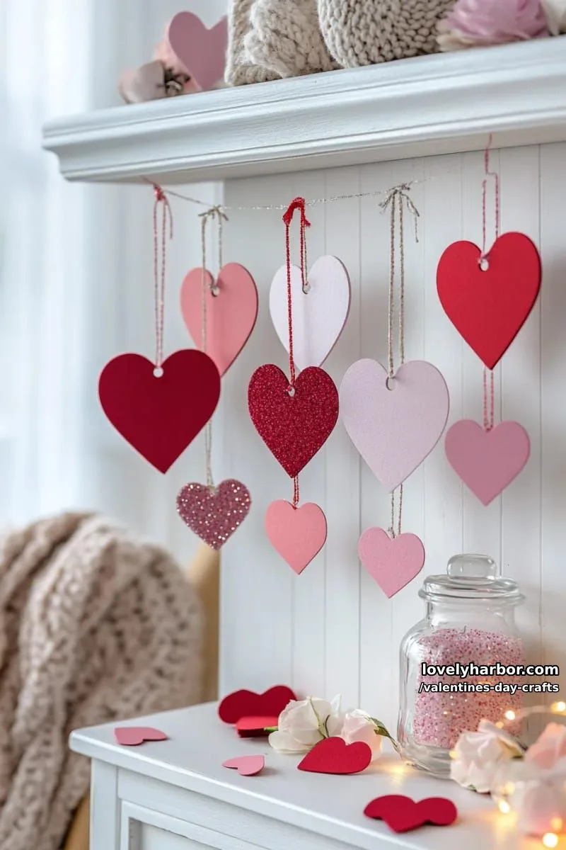 21 Unique Valentine’s Day Crafts to Warm Your Heart 80 hanging paper heart chains with alternating colors and glitter accents 1
