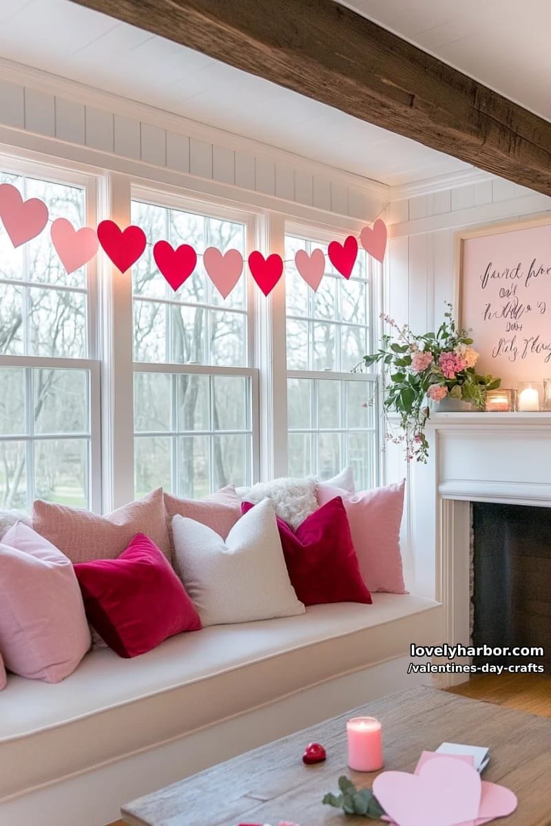 21 Unique Valentine’s Day Crafts to Warm Your Heart 82 hanging paper heart chains with alternating colors and glitter accents 1
