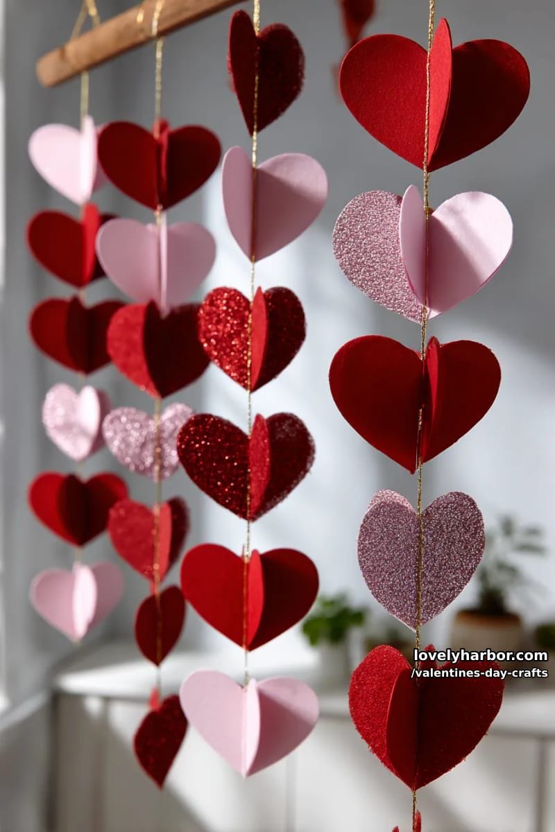 21 Unique Valentine’s Day Crafts to Warm Your Heart 83 hanging paper heart chains with alternating colors and glitter accents 1
