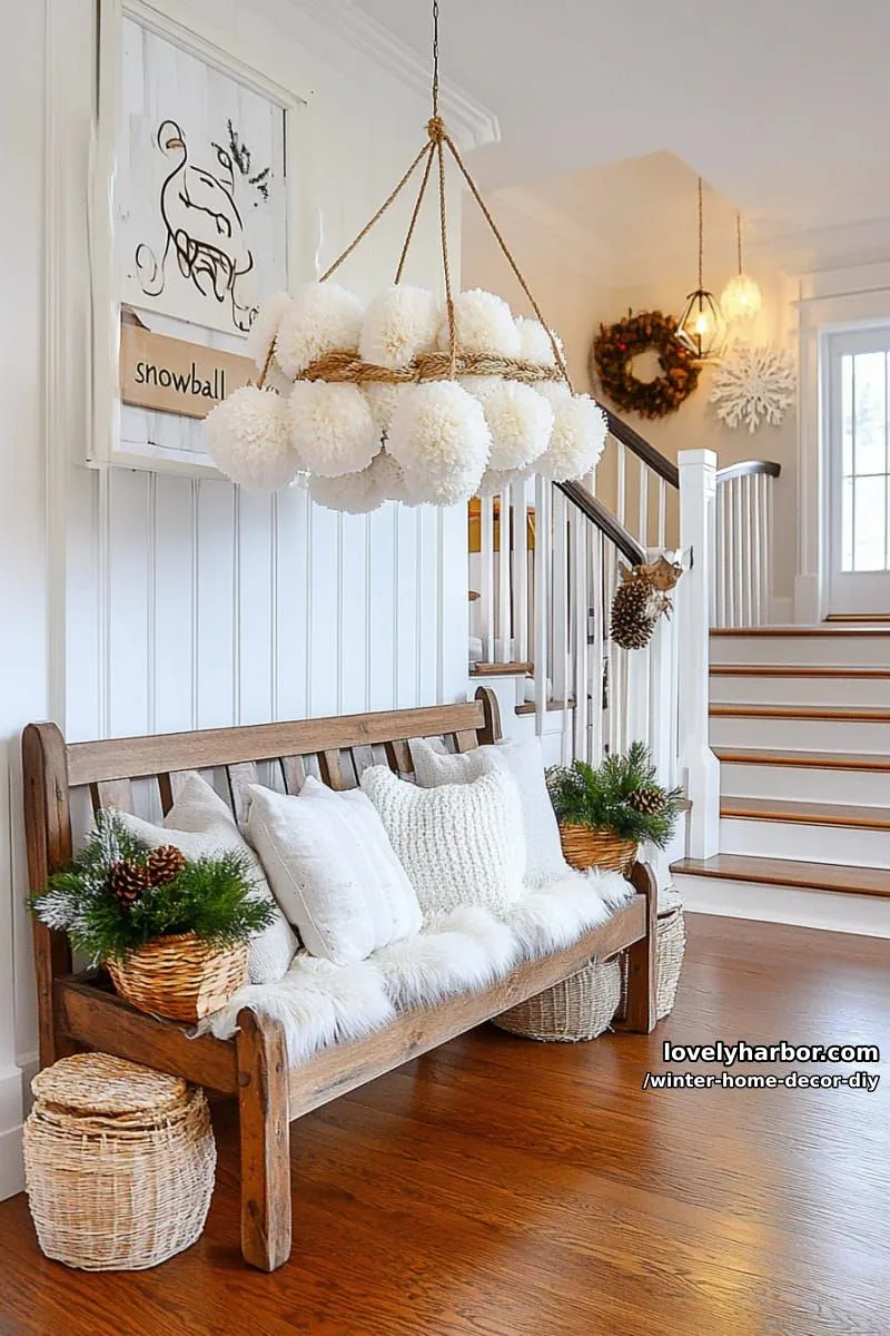 hanging pom-pom “snowball” mobile for whimsical entryway inspiration 1