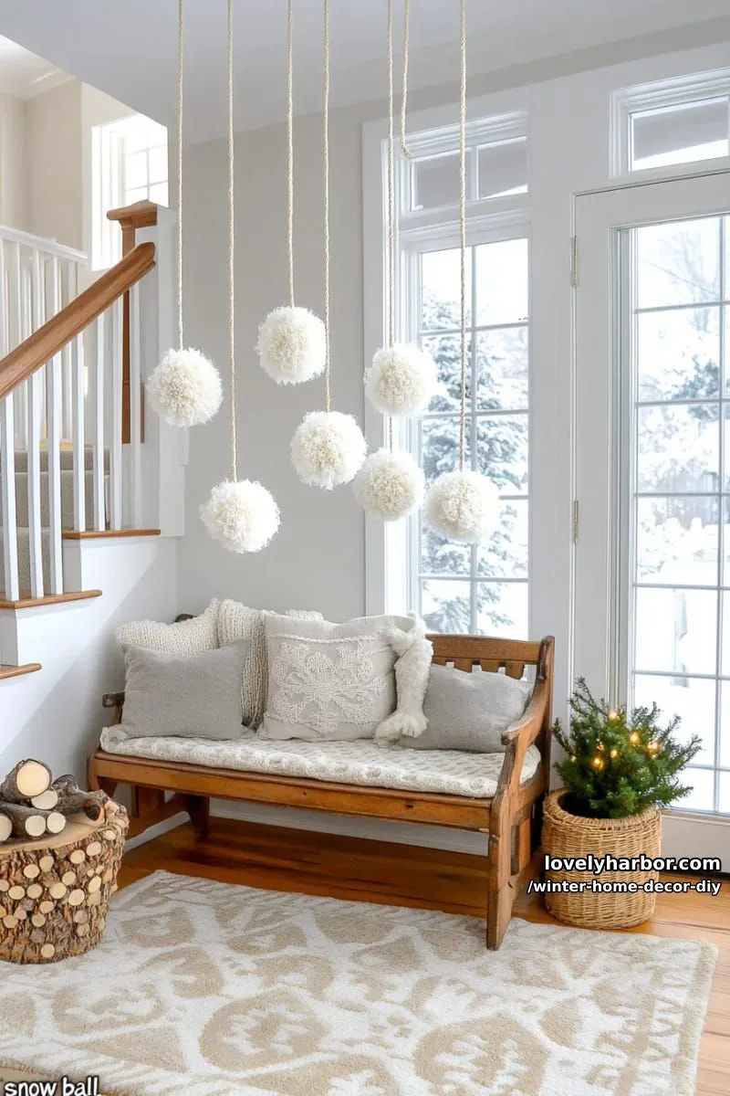 hanging pom-pom “snowball” mobile for whimsical entryway inspiration 1