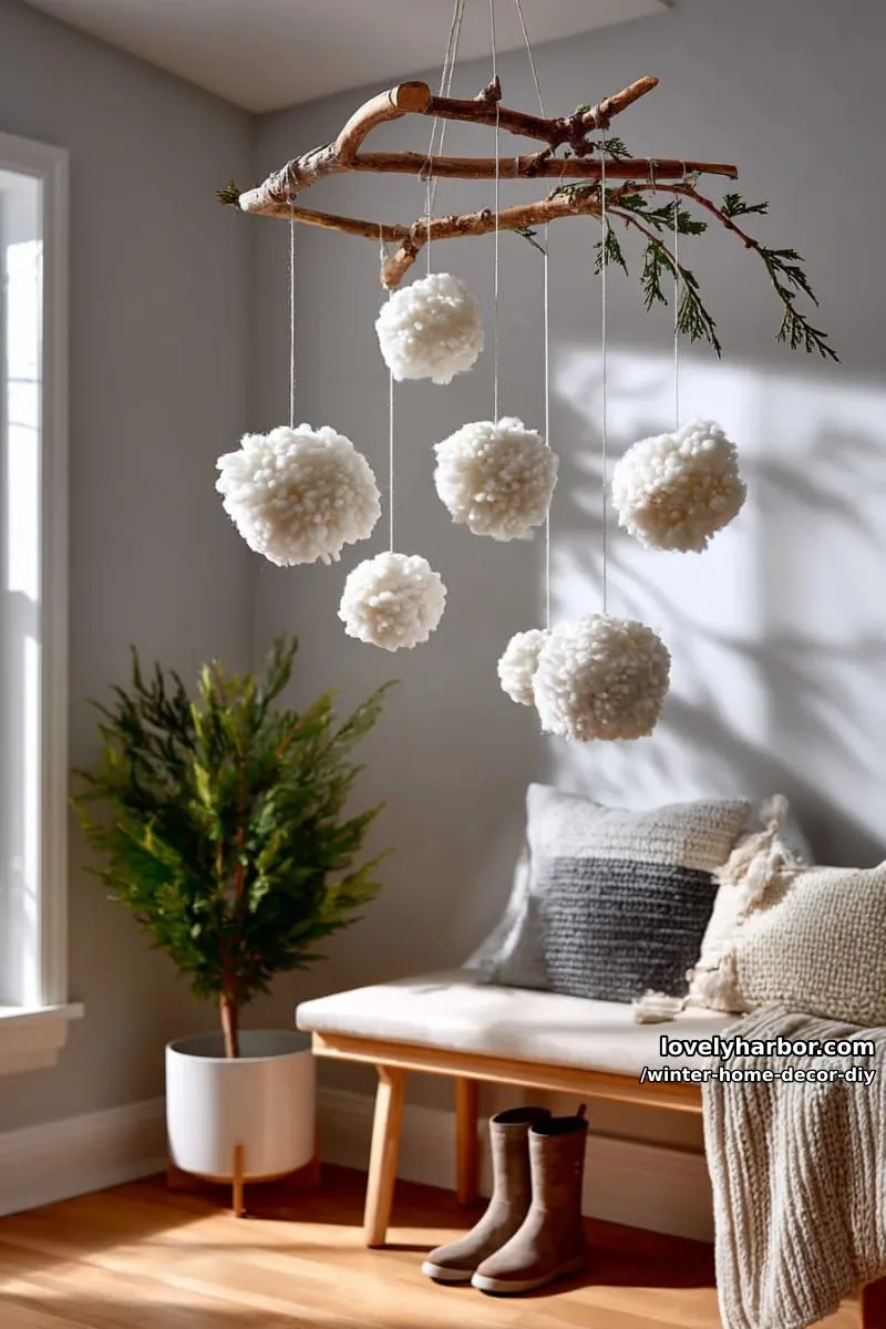 hanging pom-pom “snowball” mobile for whimsical entryway inspiration 1