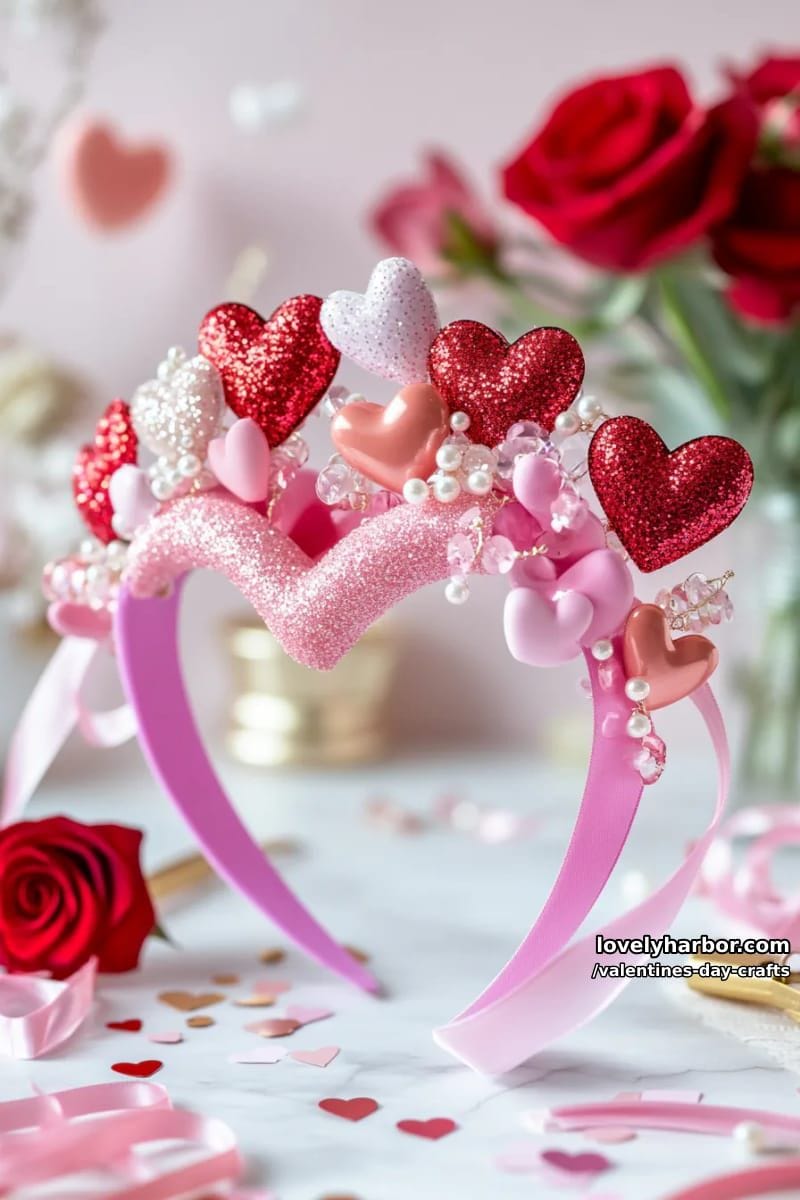 21 Unique Valentine’s Day Crafts to Warm Your Heart 54 heart headband craft with sparkly foam hearts and ribbon streamers 1