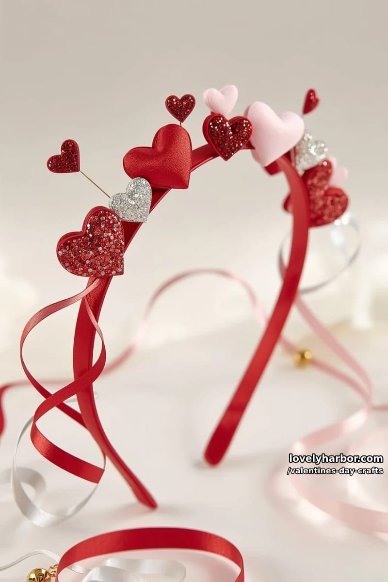 21 Unique Valentine’s Day Crafts to Warm Your Heart 55 heart headband craft with sparkly foam hearts and ribbon streamers 1