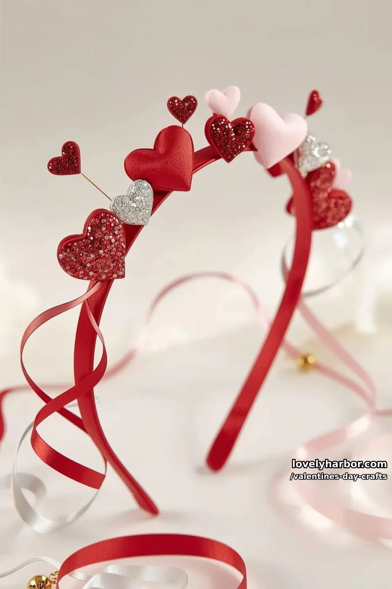 21 Unique Valentine’s Day Crafts to Warm Your Heart 54 heart headband craft with sparkly foam hearts and ribbon streamers 1