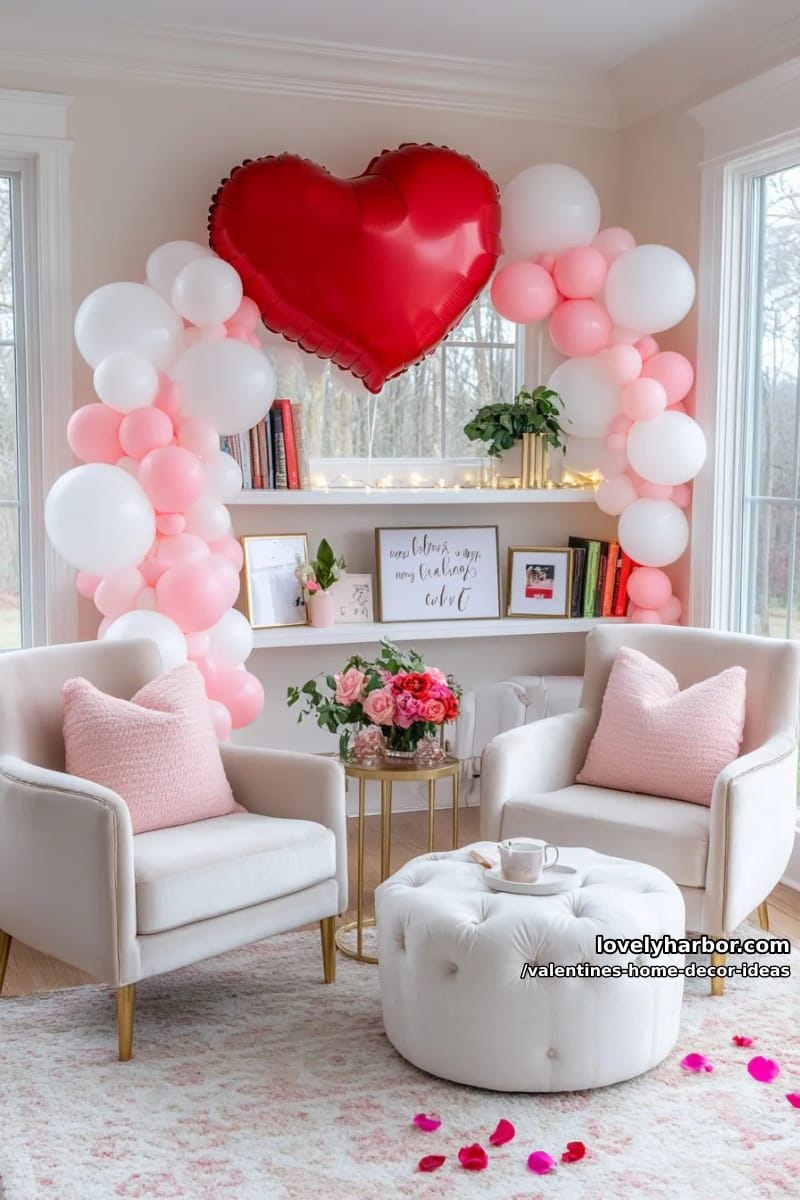 heart-shaped balloon archway framing a cozy reading corner 1