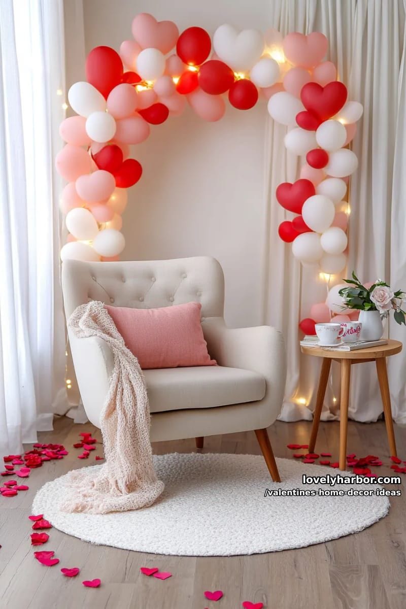 heart-shaped balloon archway framing a cozy reading corner 1