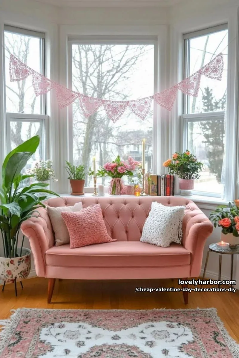 heart-shaped doily bunting hung across windows for a vintage vibe 1