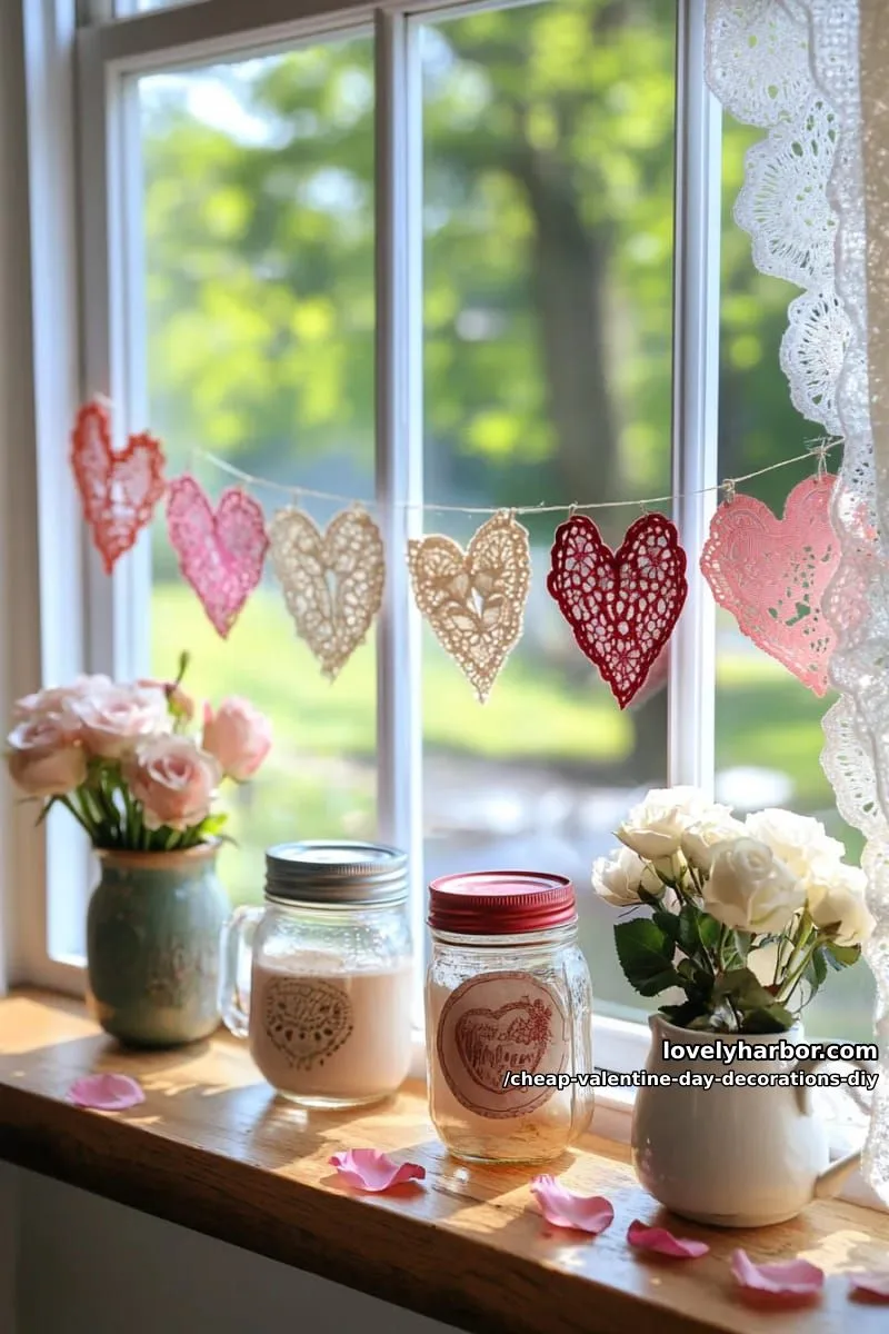 heart-shaped doily bunting hung across windows for a vintage vibe 1