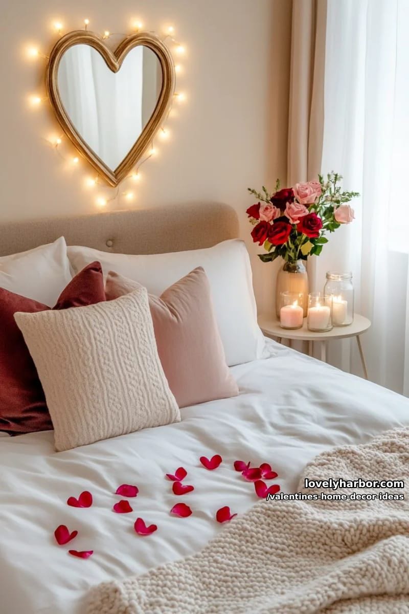 heart-shaped fairy light wall paired with a cozy candlelit bedroom scene 1