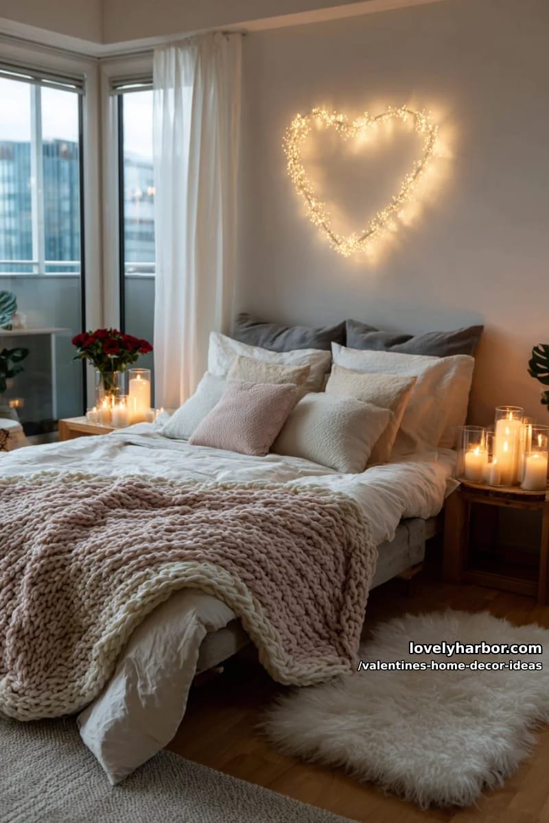 heart-shaped fairy light wall paired with a cozy candlelit bedroom scene 1