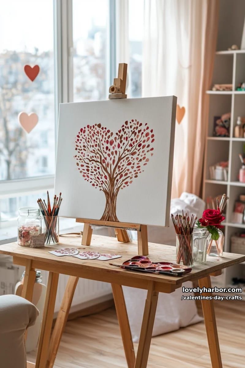 21 Unique Valentine’s Day Crafts to Warm Your Heart 61 heart-shaped tree canvas using fingerprint leaves in pink and red paints 1