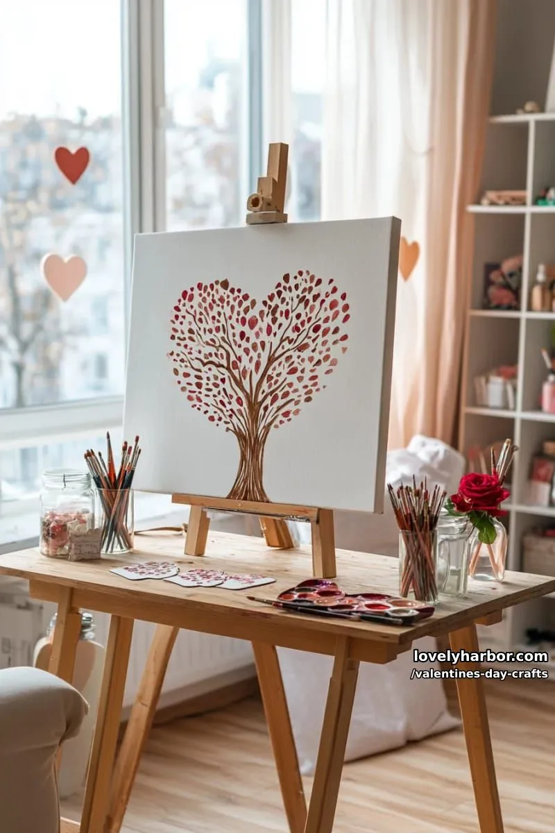 21 Unique Valentine’s Day Crafts to Warm Your Heart 60 heart-shaped tree canvas using fingerprint leaves in pink and red paints 1