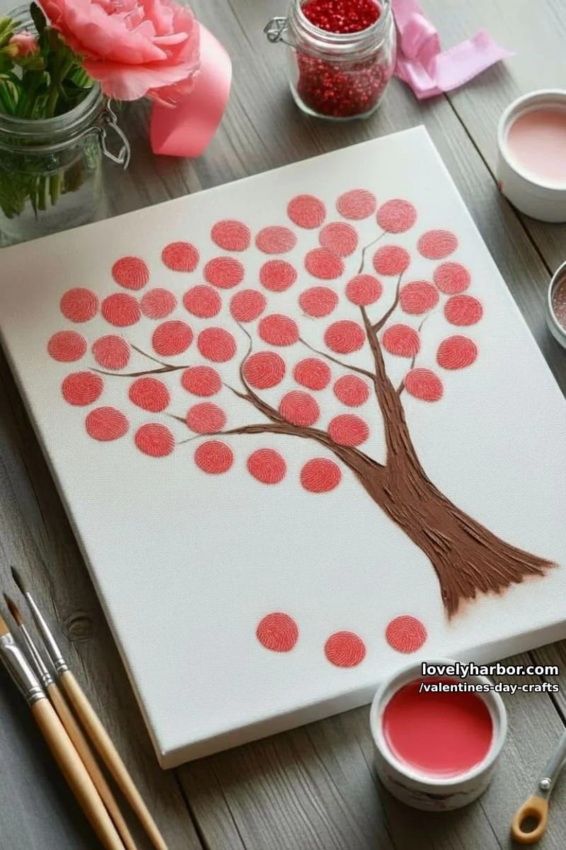 21 Unique Valentine’s Day Crafts to Warm Your Heart 62 heart-shaped tree canvas using fingerprint leaves in pink and red paints 1