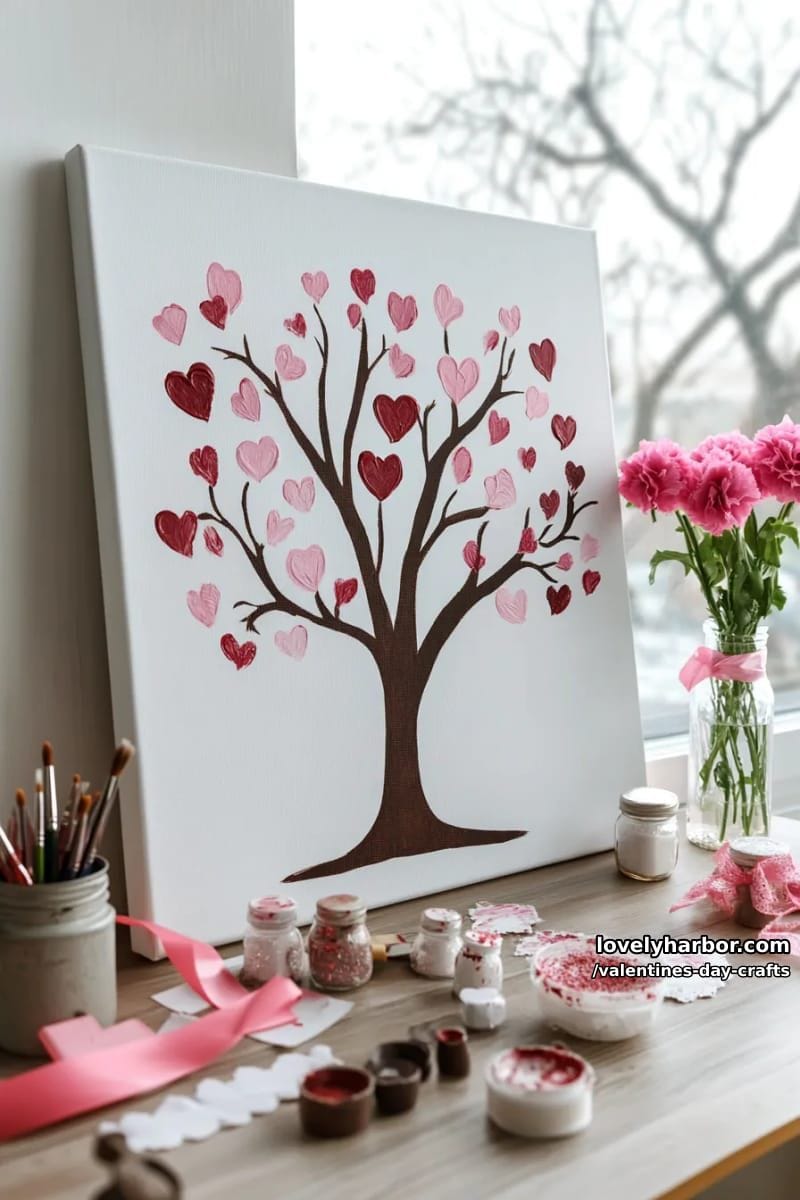 21 Unique Valentine’s Day Crafts to Warm Your Heart 63 heart-shaped tree canvas using fingerprint leaves in pink and red paints 1