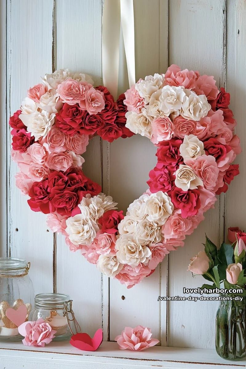 heart-shaped wreath made from rolled crepe paper roses 1