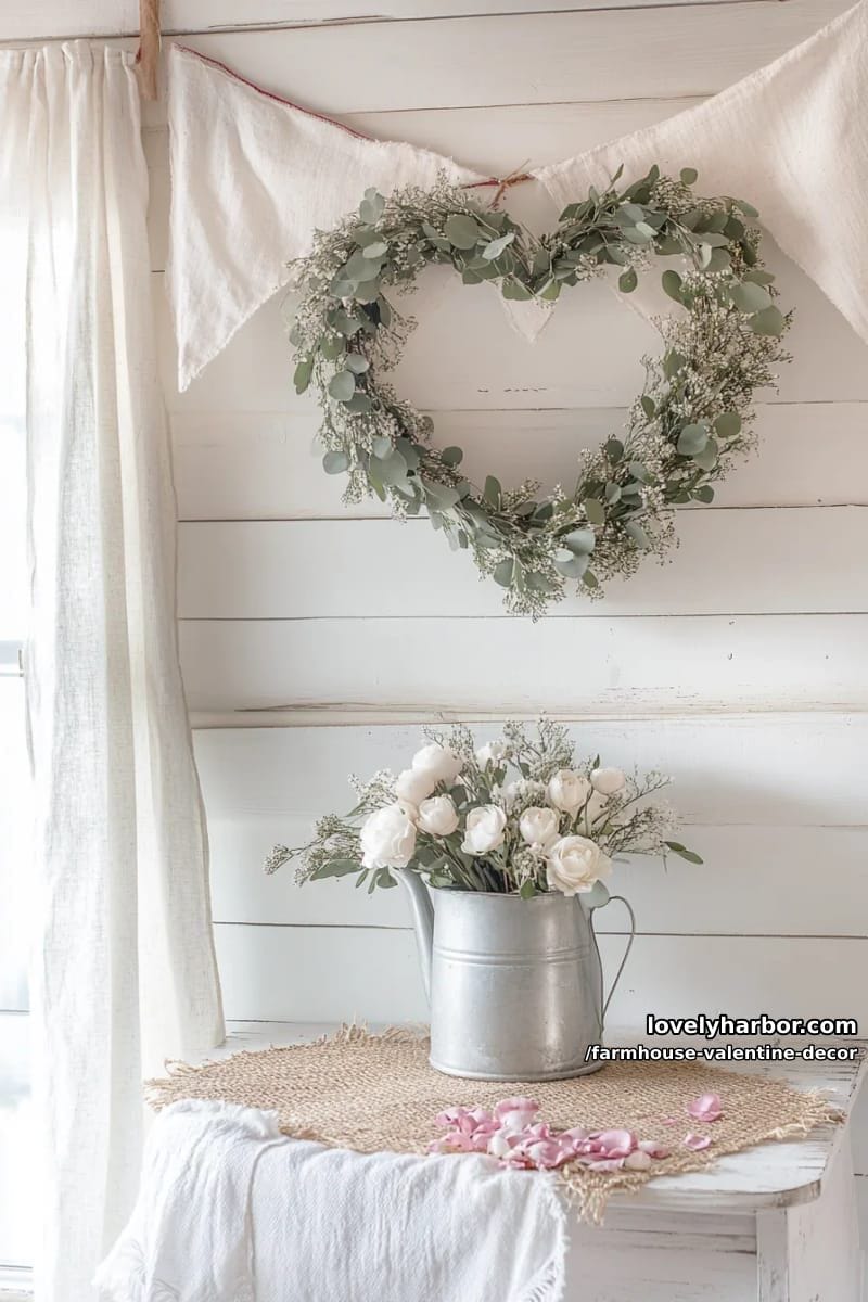 19 Farmhouse Valentine's Day Home Decor Ideas 57 heart wreath made from dried eucalyptus and white berry sprigs 1