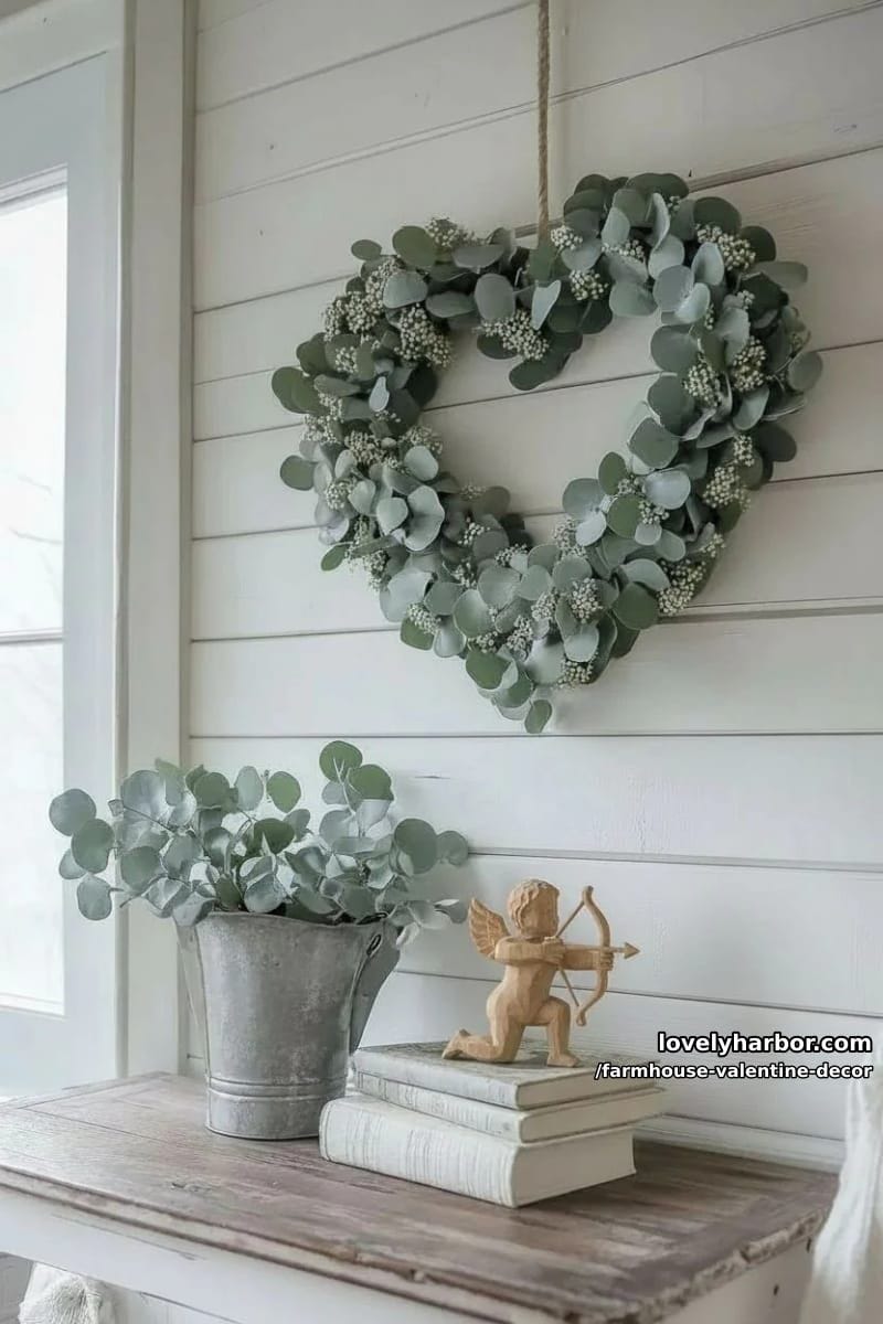 19 Farmhouse Valentine's Day Home Decor Ideas 58 heart wreath made from dried eucalyptus and white berry sprigs 1