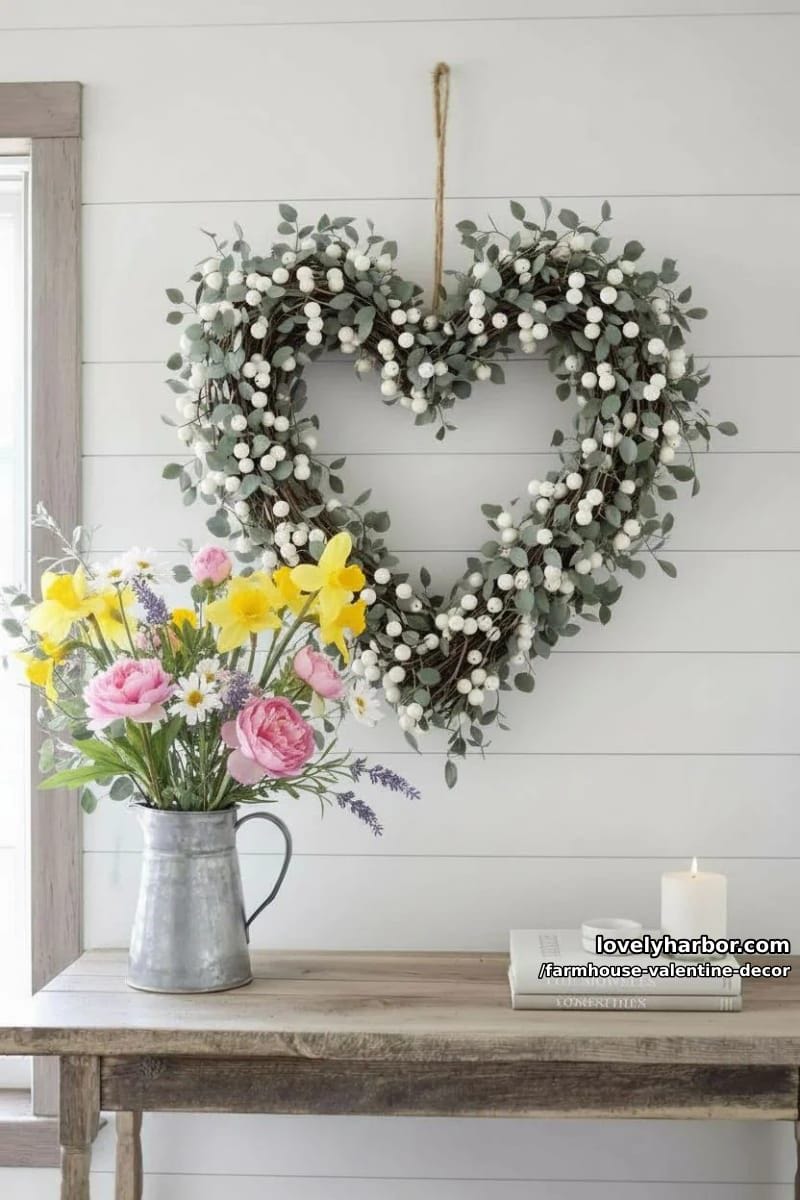 19 Farmhouse Valentine's Day Home Decor Ideas 61 heart wreath made from dried eucalyptus and white berry sprigs 1